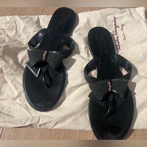 Salvatore Ferragamo Black Bow Jelly Thong Sandals with Signature Logo Accent